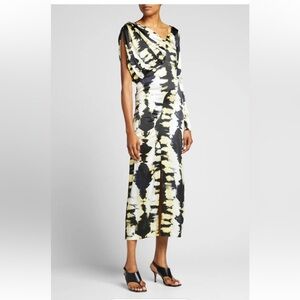 Ganni Silk Satin Stretch One Shoulder Midi Dress in Tie Dye Phantom XS 2 $575
